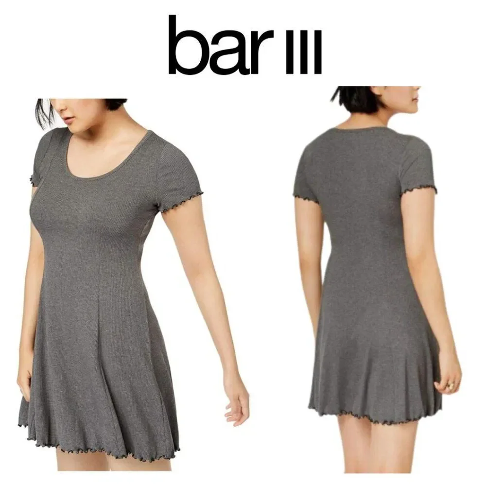 Bar III Short Sleeve Ribbed Fit & Flare Grey Dress